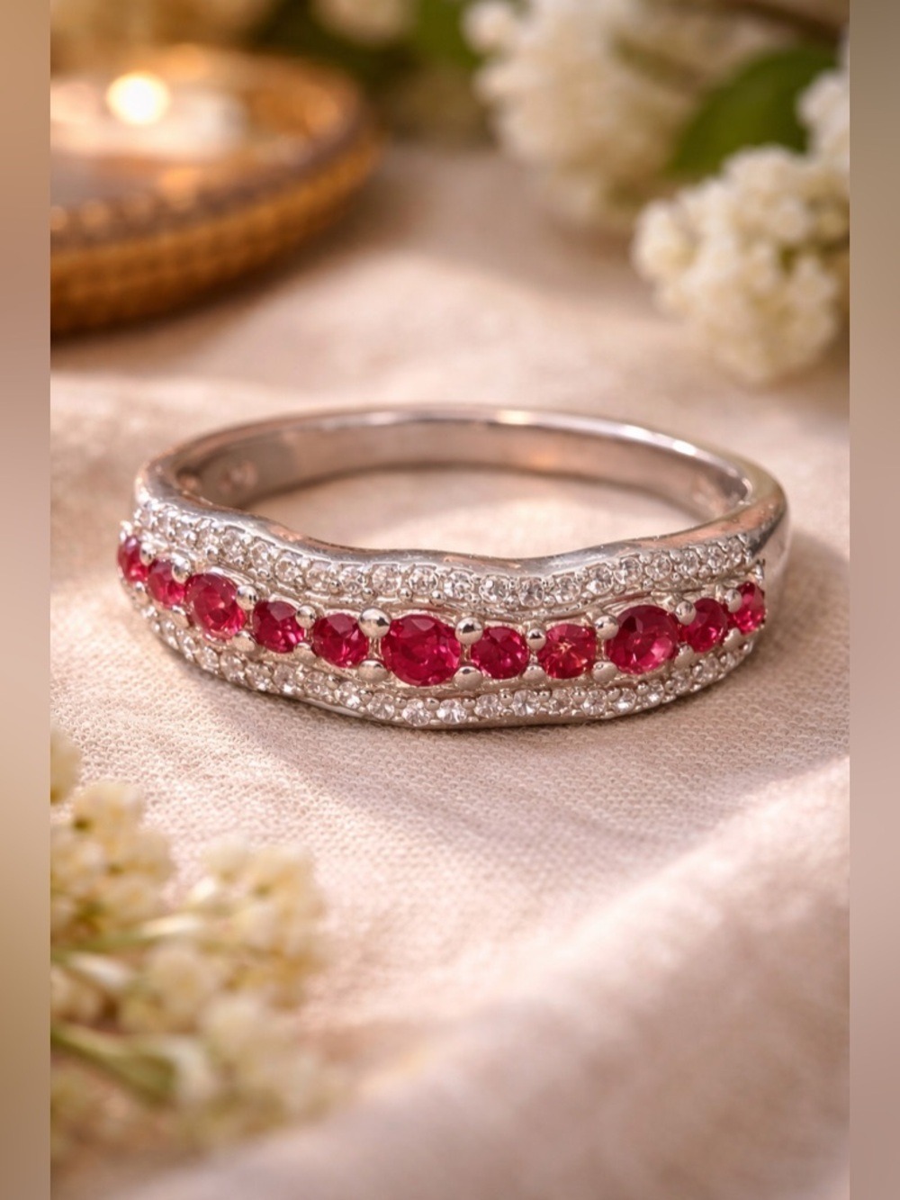 NWOT Sterling Silver 925 Red Spinel White Zircon Ring Size 10 Brilliant Fire